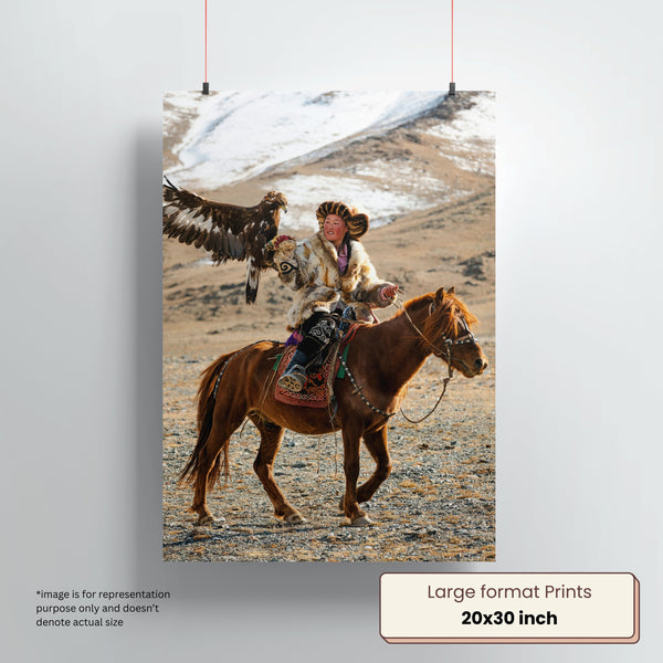 Large photo print featuring an eagle hunter on horseback