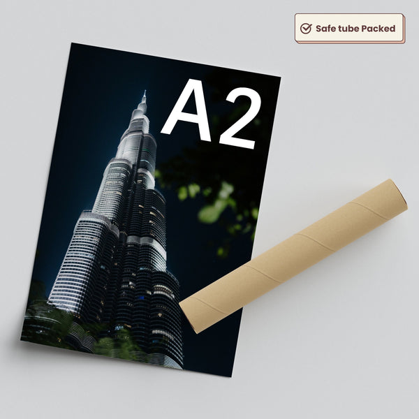 A2 cityscape photo poster beside a protective tube, representing A5 to A1 prints