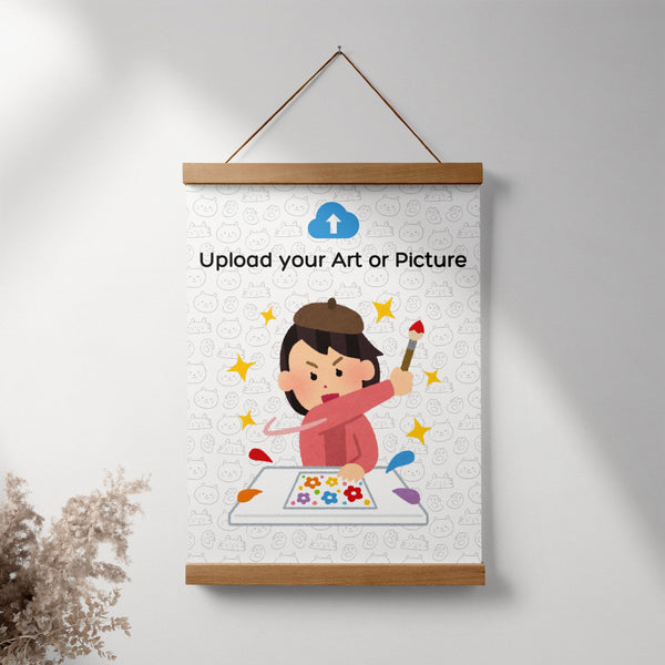 Magnetic wooden poster hanger displaying custom wall art