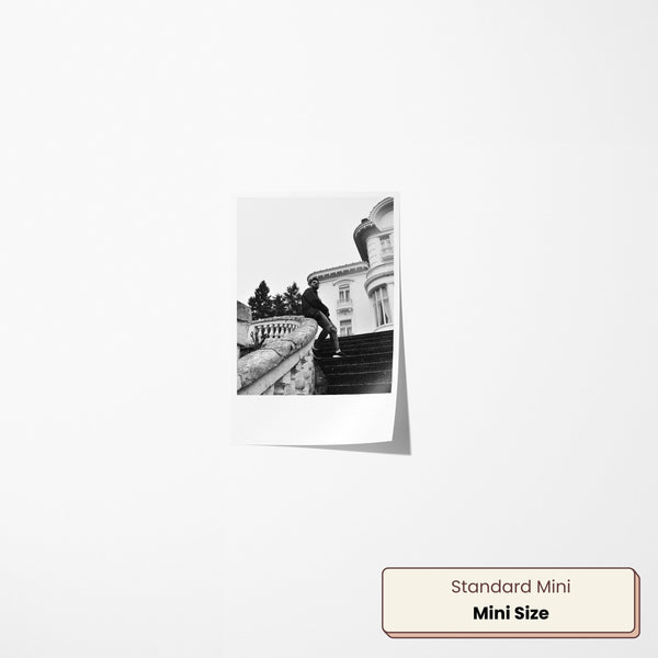 Mini memoroid print featuring a black-and-white portrait