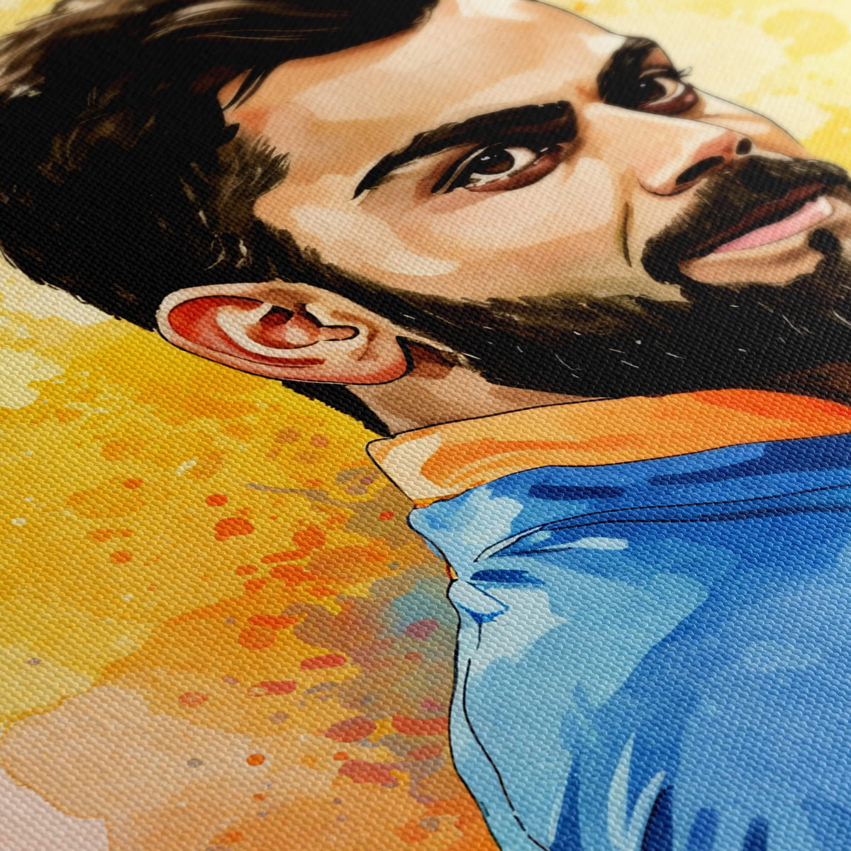 Close-up of detailed artwork printed on textured canvas
