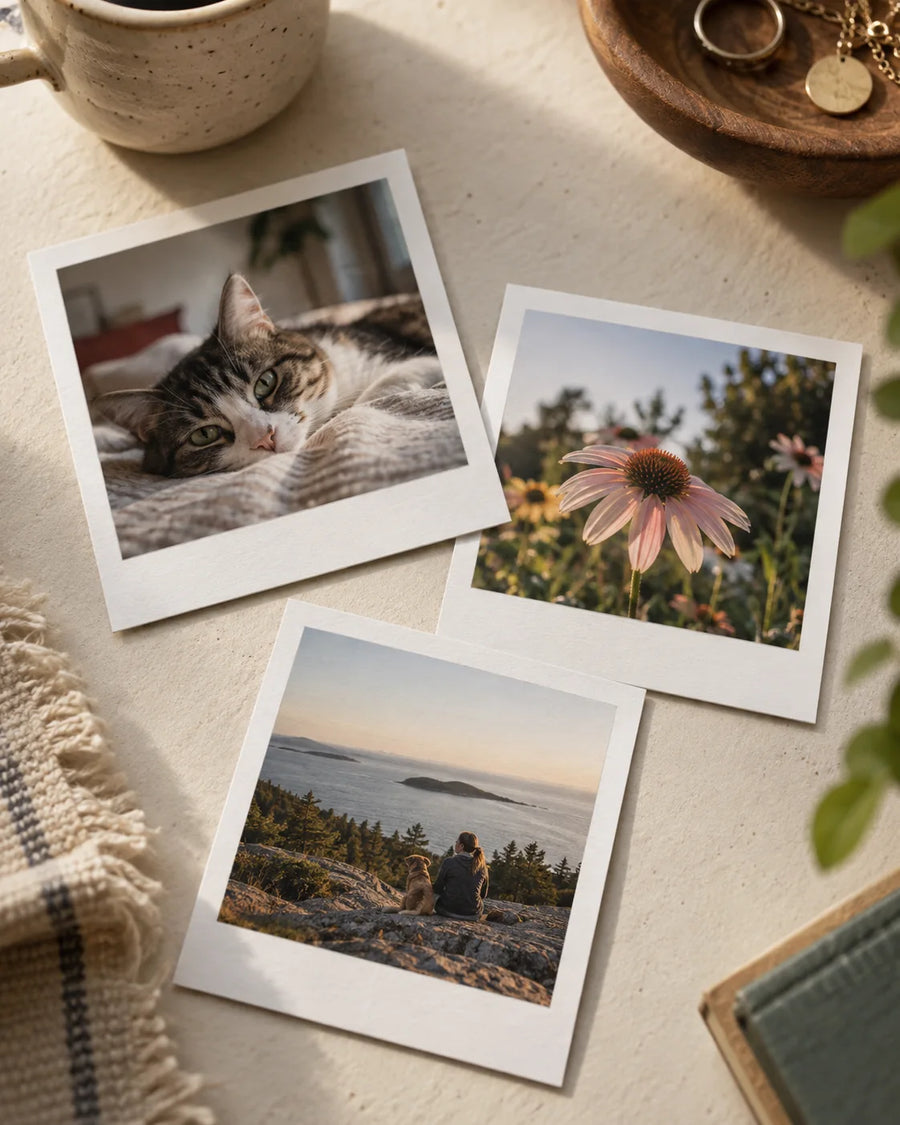 Illustrative arrangement of three square retro-style photo prints