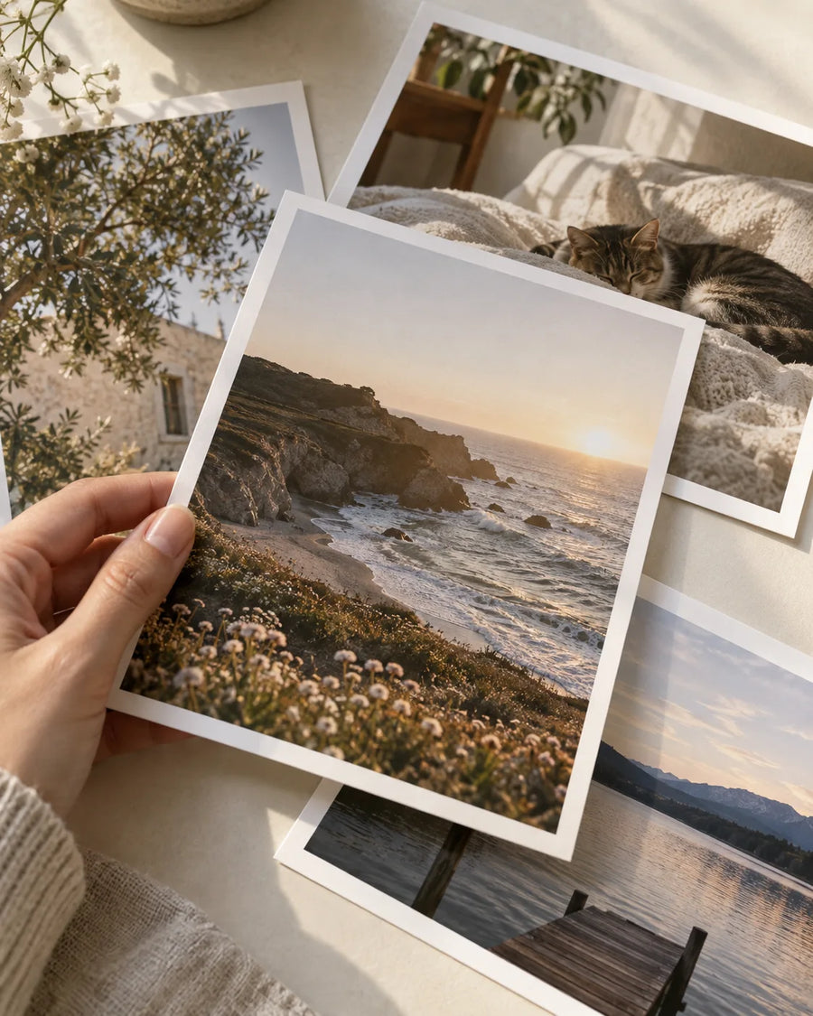 Illustrative scene of a hand holding a photo print among paper prints