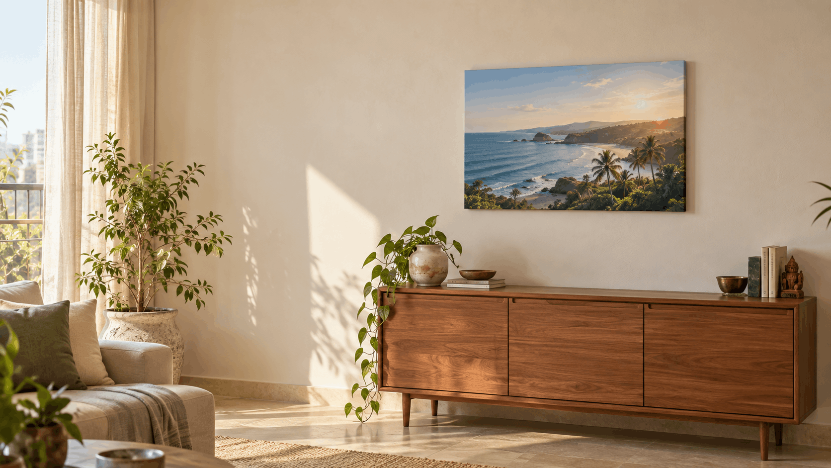 A realistically sized landscape canvas print above a wooden sideboard in a bright, sunlit living room