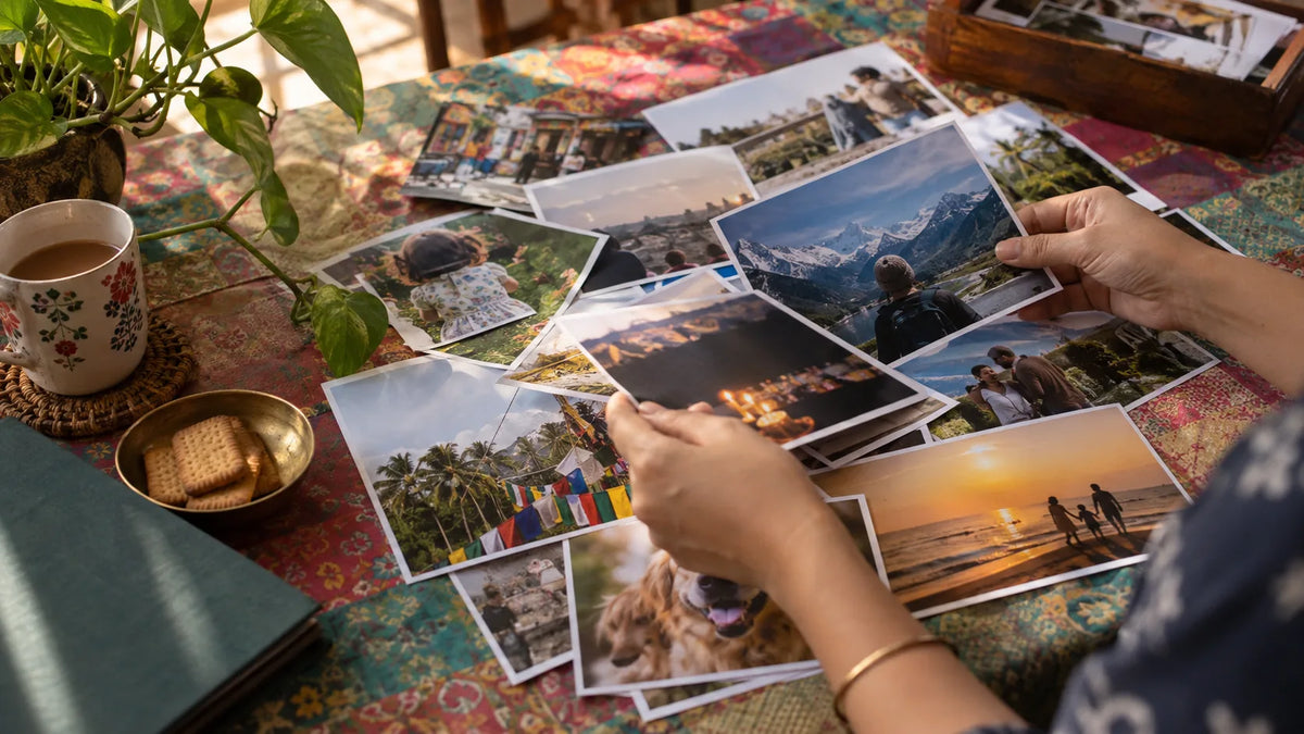 Illustrative lifestyle scene of hands looking through a collection of photo prints