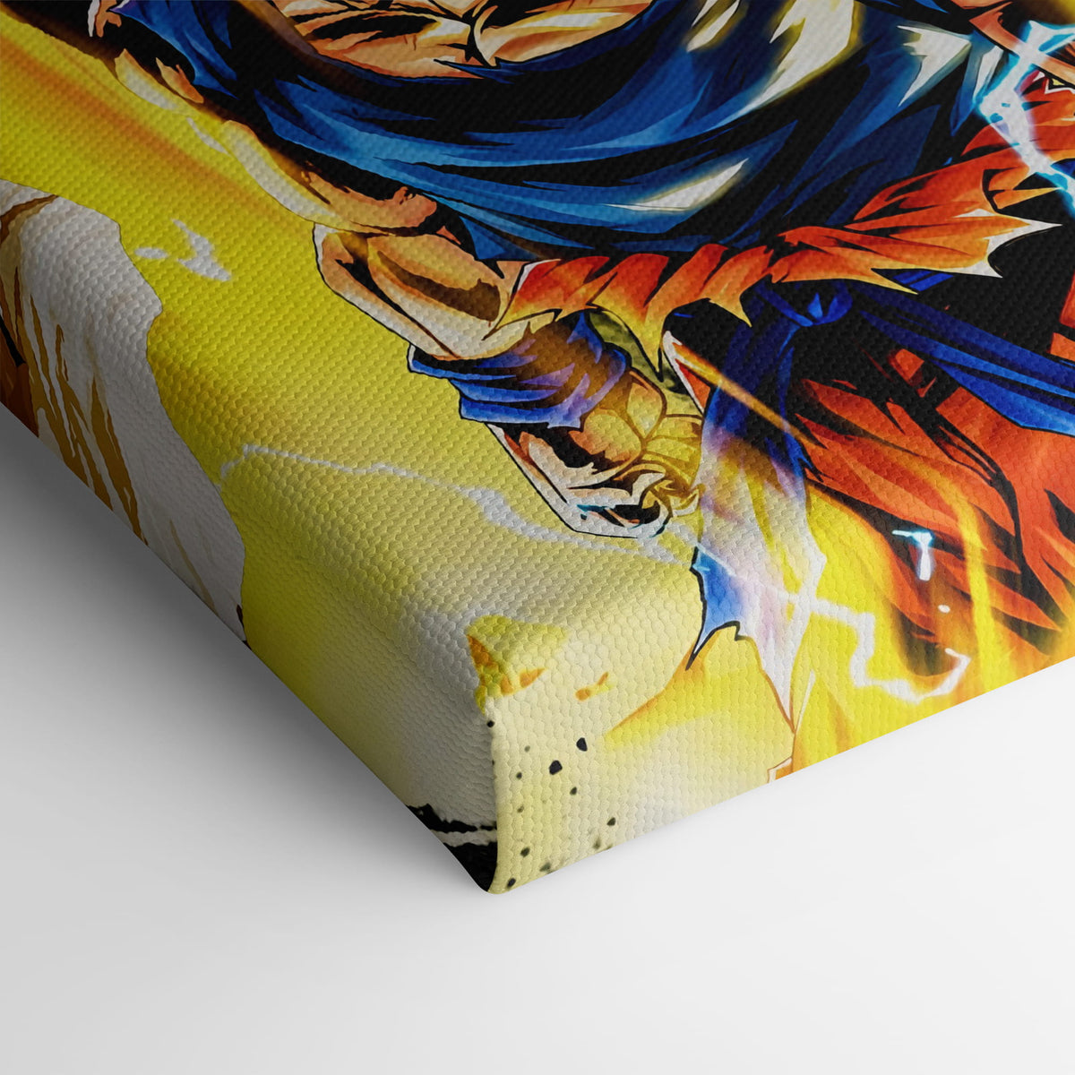 Close-up of colourful artwork wrapped around the corner of a stretched canvas frame