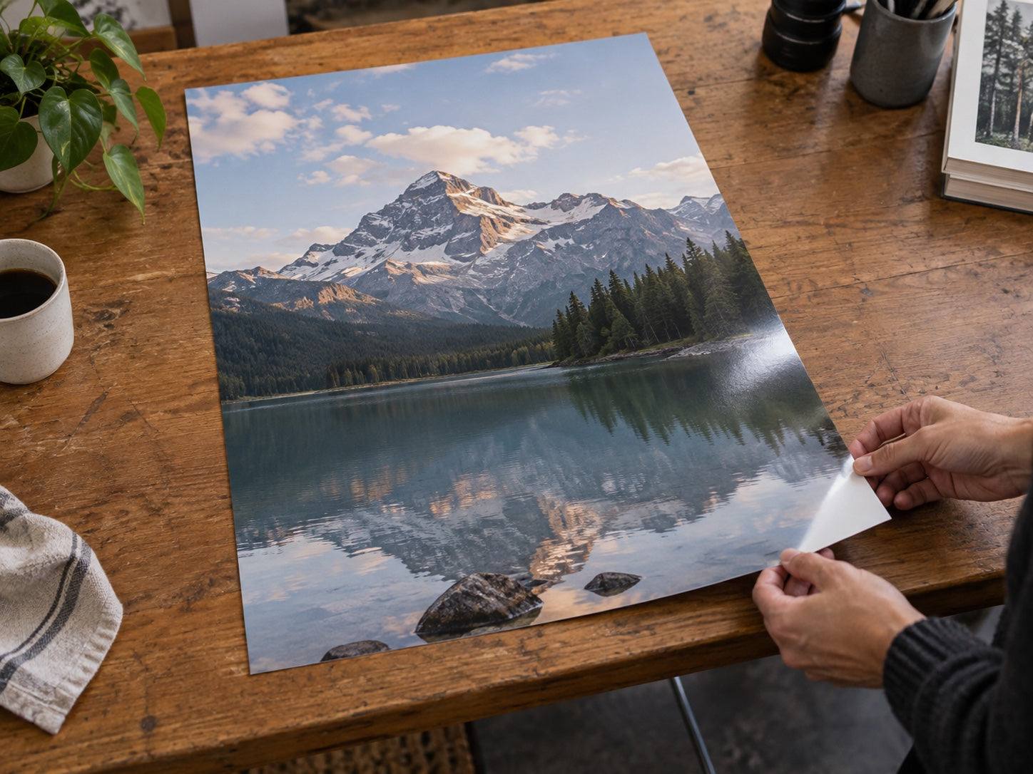 A 50 by 70 cm print on smooth photo paper, lying flat on a studio table