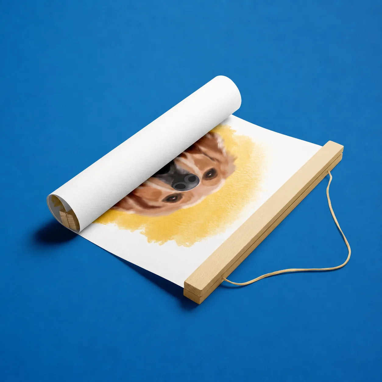 Magnetic wooden hanger holding an illustrated canvas print, with a spare print rolled above it