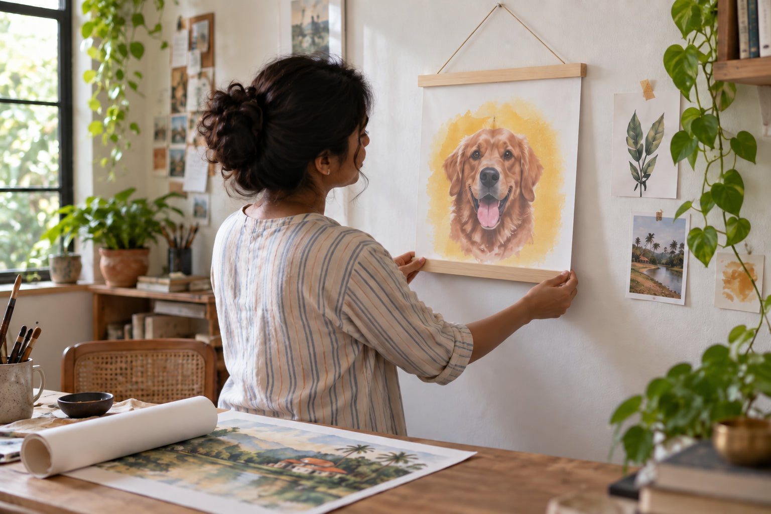 A magnetic wooden hanger displaying a canvas print in a home studio