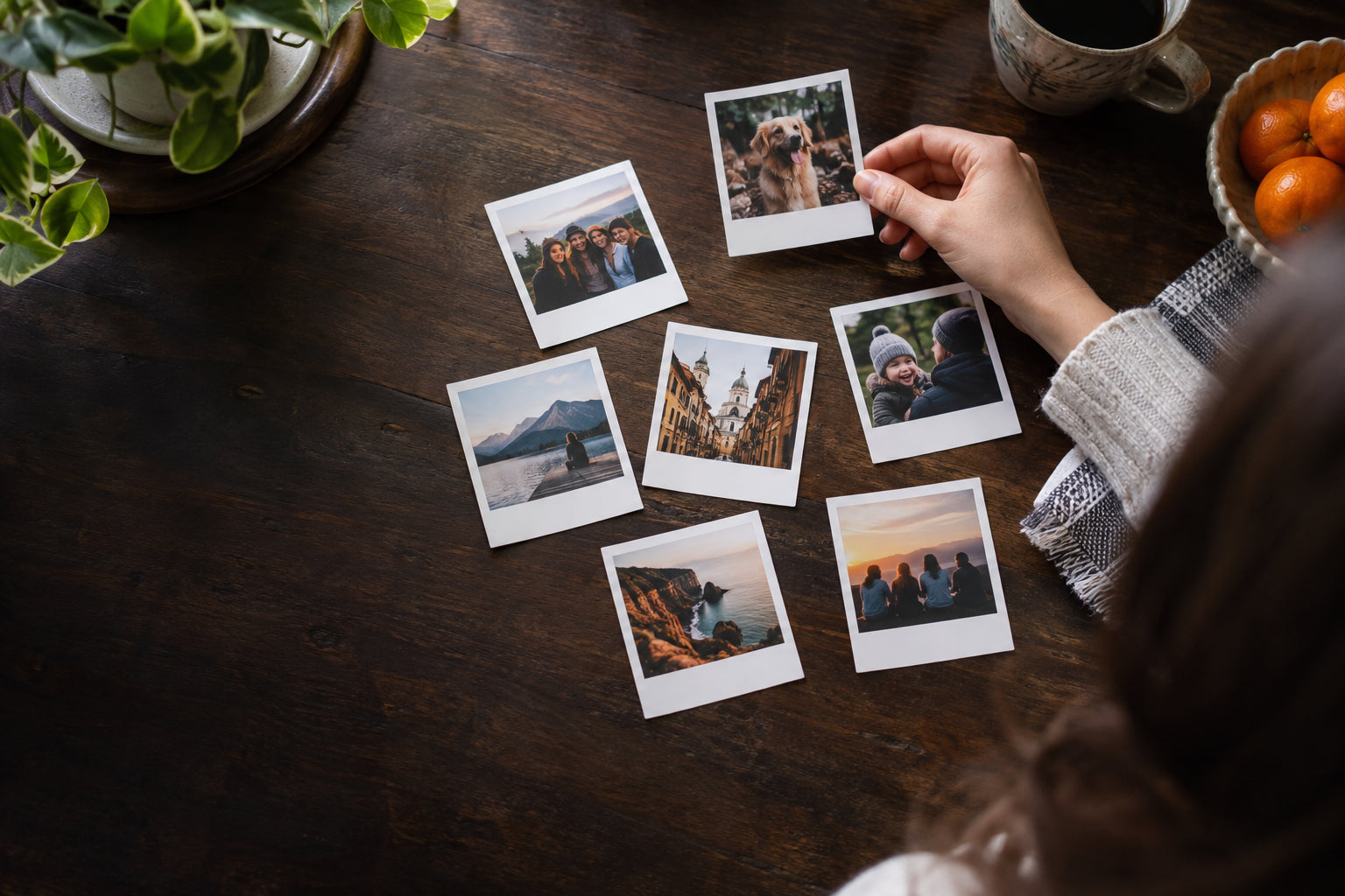 Small white-bordered Memoroid photo prints spread across a table