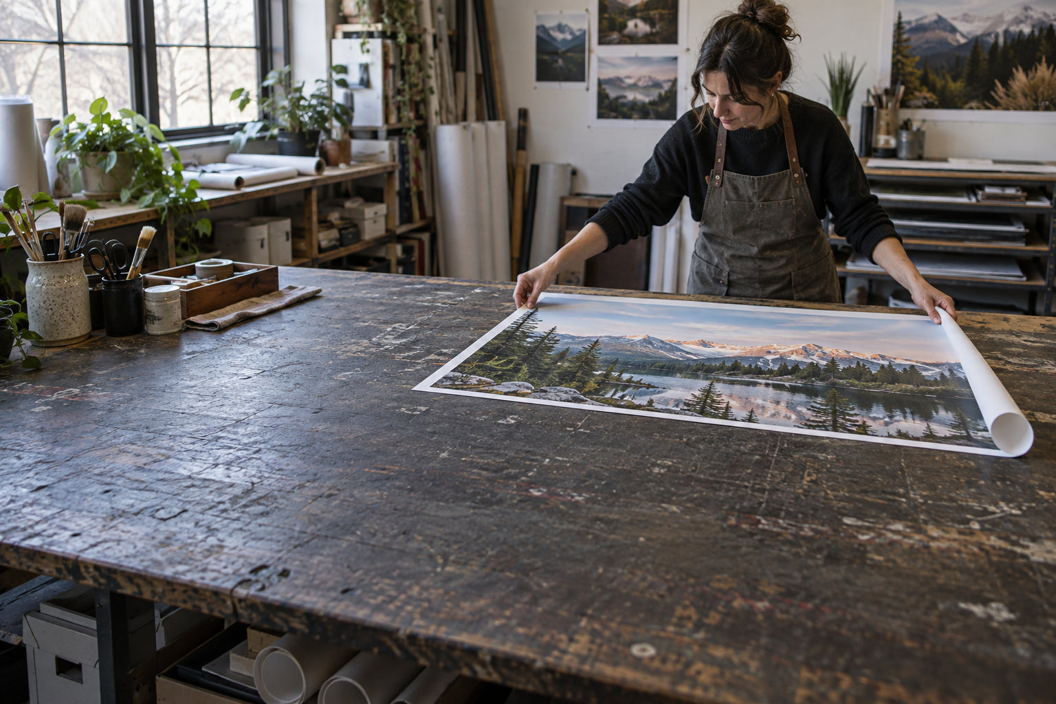 A flexible landscape canvas print being checked and rolled on a studio table