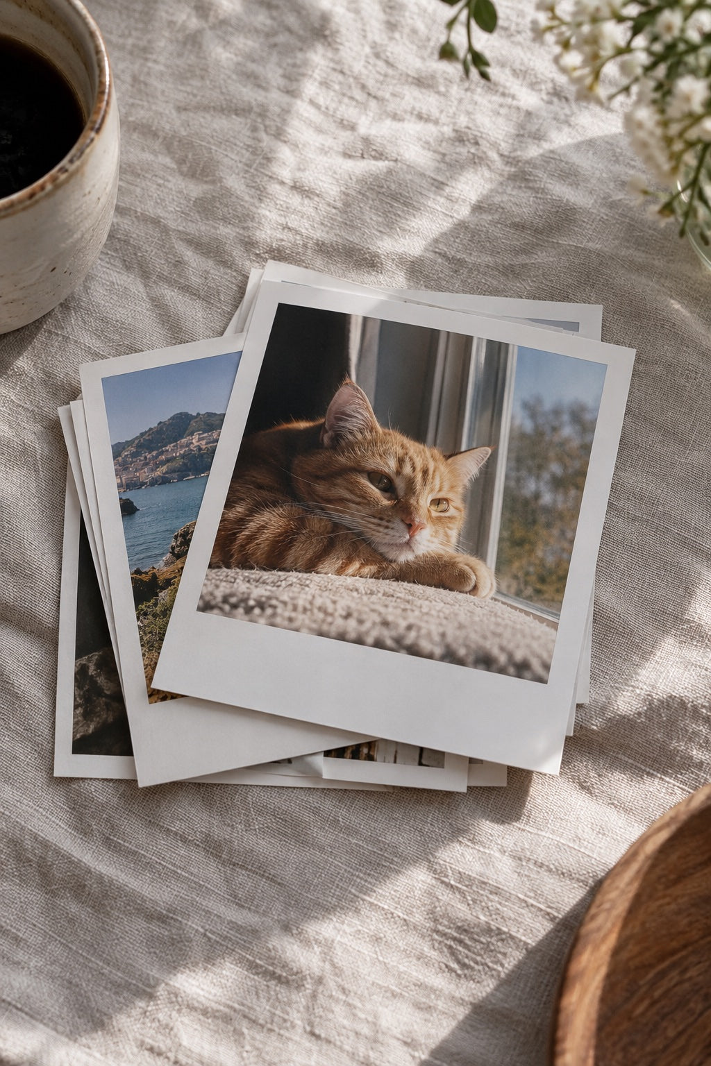 Stack of square Memoroid photo prints lying flat on linen